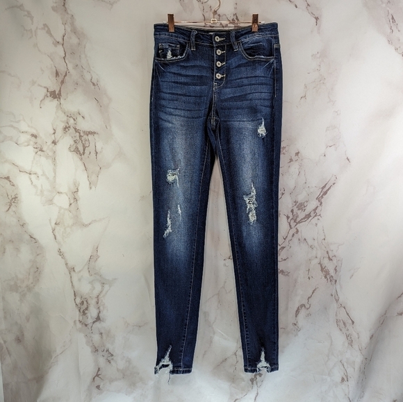KanCan Jeans Womens 27 Exposed Button Fly High Skinny Chewed Frayed Distressed - Picture 1 of 13